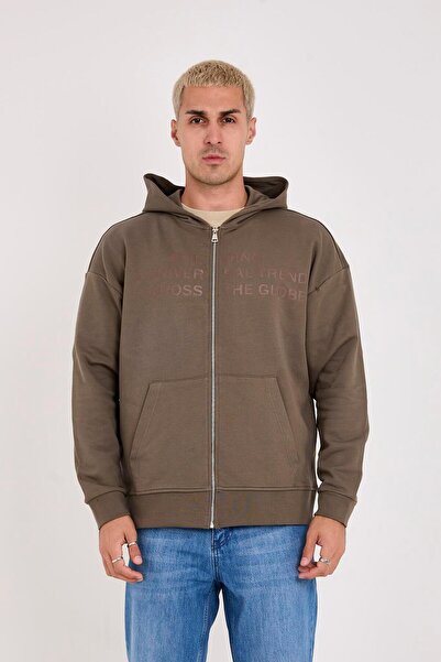 Store 100% Cotton Zippered Hooded Oversized Text Printed Men's Sweatshirt