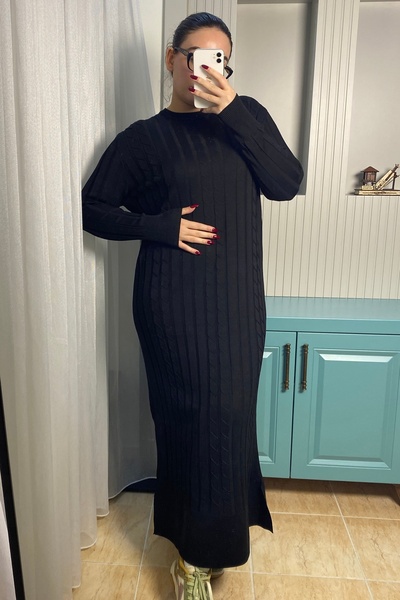 Auroveen Basic Dikey Desenli Bisiklet Yaka Uzun Triko Elbise AV338