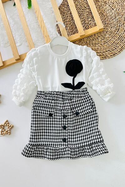 Minigimin Cicileri Girl's Suit with Rose Pattern Houndstooth Skirt - Black-White