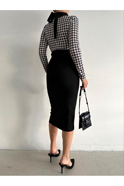 Modafeminen Stretchy Crepe Fabric Crowbar Peter Pan collar Coated Belt Detailed Evening Dress Midi Length Dress 582360 Crow's Foot