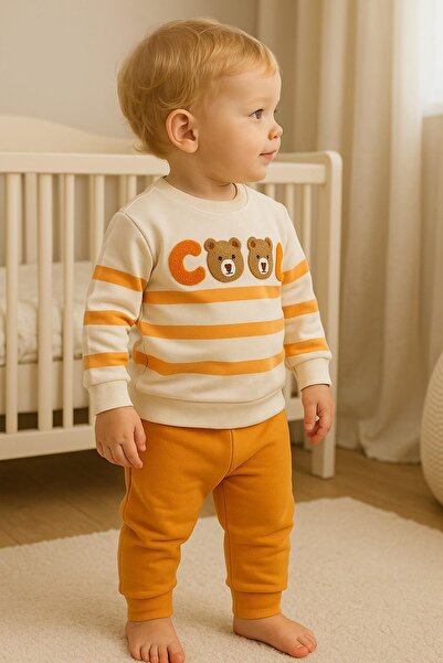 dinamik çocuk Baby Boy Cool Teddy Bear Süzene Embroidered Transitional 2-Thread Top and Bottom 2-Piece Set 3-6-9-12 Months Old