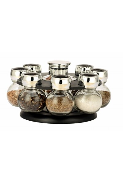 GRÜNBERG Set de 8 recipiente pentru condimente, suport din plastic, rotative, recipiente din sticlă, capacitate 90 ml