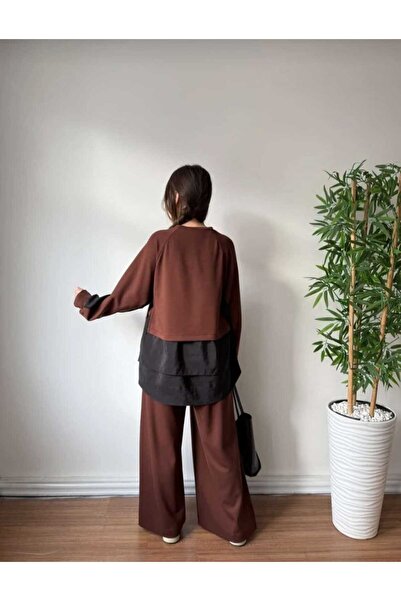 QUAWEAR Crew Neck Side Tie Parachute Fabric Layered Tunic and Side Gusseted Pants Knitted Fabric Set