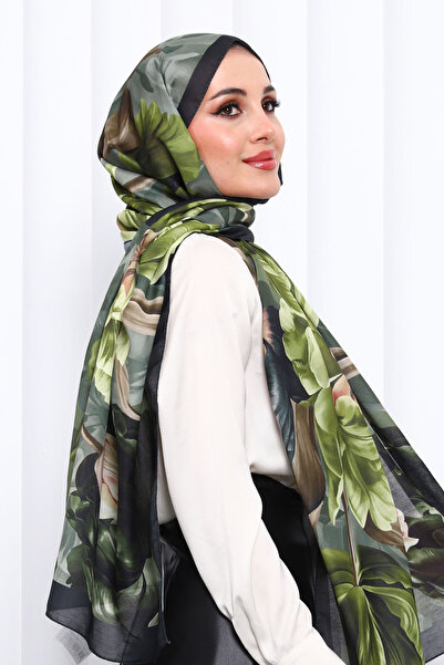 İmajButik Oil Green Patterned Soft Digital Shawl