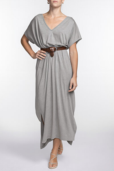 BASIC&CO Tess V Yaka Loose Fit Uzun Elbise Gri Melanj