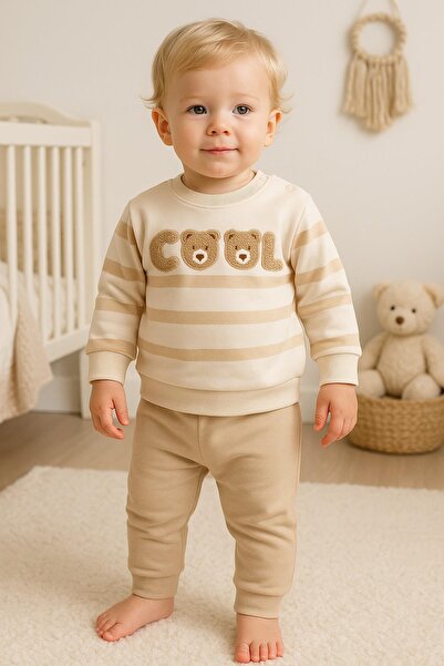 dinamik çocuk Baby Boy Cool Teddy Bear Süzene Embroidered Transitional 2-Thread Top and Bottom 2-Piece Set 3-6-9-12 Months Old