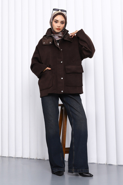 İmajButik Brown Zippered Lined Oversized Cashmere Coat