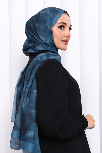 İmajButik Petrol Green Patterned Soft Digital Shawl