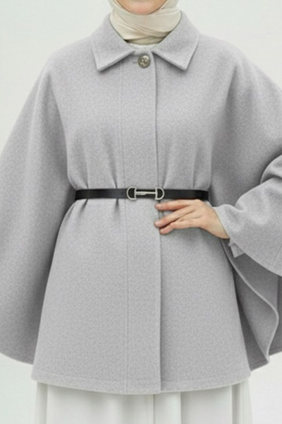 İmajButik Gray Belted Stamp Poncho