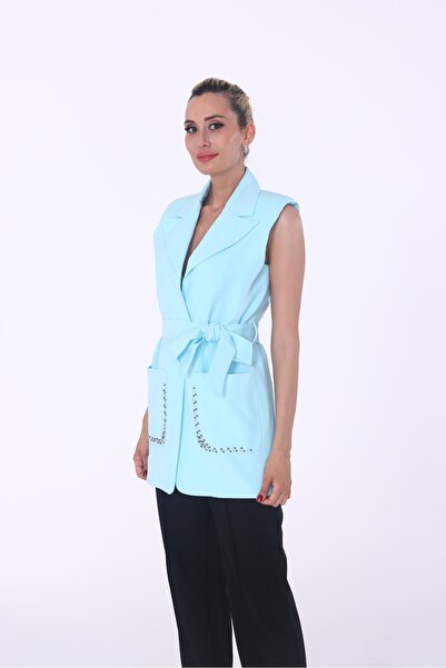 modahira cepleri taş detaylı kuşaklı yelek