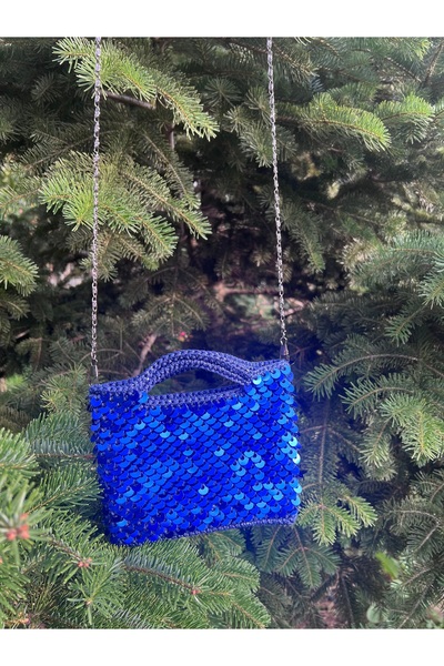EL YAPIMI Mini Lacivert Pullu Çanta