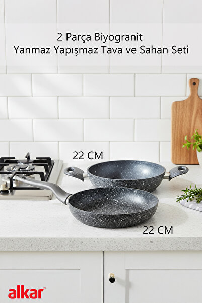 FİTHOME 2 Piece 22 cm Bio Granite Saucepan and Frying Pan Set Fireproof Non-Stick, Healthy and Durable Use