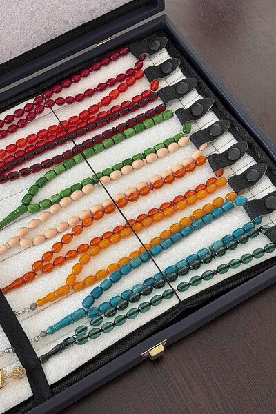 TESBİHKENTİ 9 Pieces of Crimping Amber Set in a Special Leather Covered Box