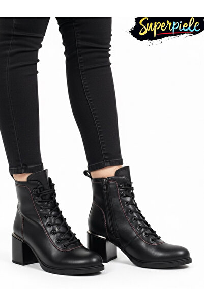 superpiele Elegant Black Handmade Leather Boots, Thick Heel, Laces |ELYZO|