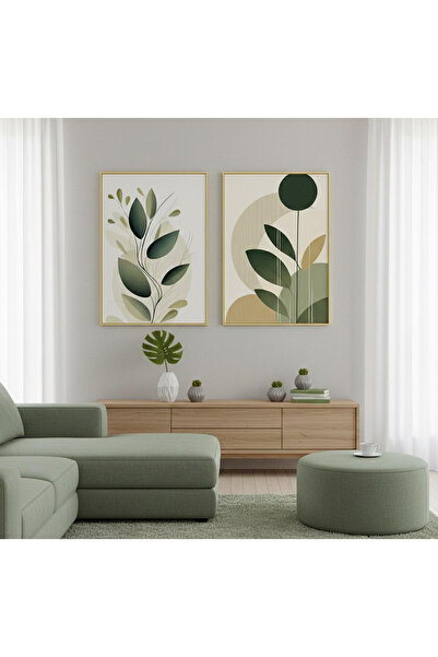 Linacci Set of 2 Gold Metal Frame Green Abstract Leaf Glass Paintings