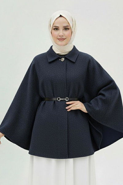 İmajButik Navy Blue Belted Cashmere Poncho