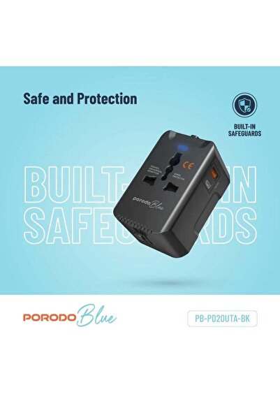 porodo Dual Port Universal Travel Adapter PD20W / Quick Charge / Built-In Safeguards / US/AU/EU/UK Plug - B