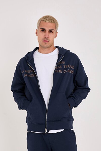 Store 100% Cotton Zippered Hooded Oversized Text Printed Men's Sweatshirt