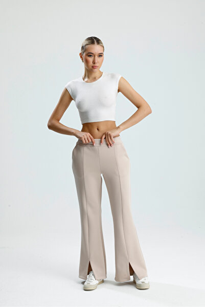 VOICTEC Slit Detailed Leg Premium Puff Scuba Elastic Waist Pocketed Trousers