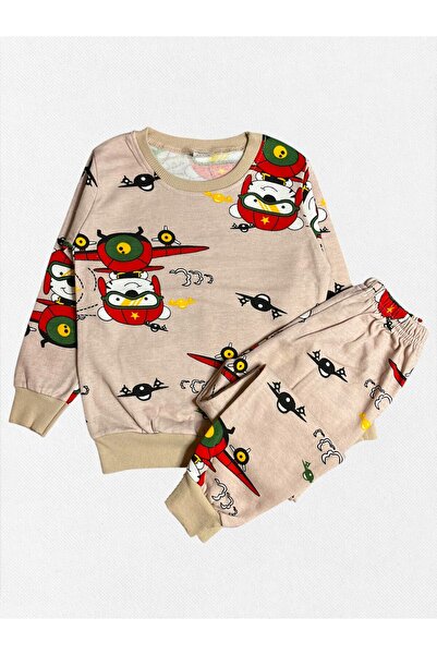 Fil Kids Boys' 100% Cotton Beige Color Airplane Pilot Patterned Long Sleeve Fleece-Lined Winter Pajama Set