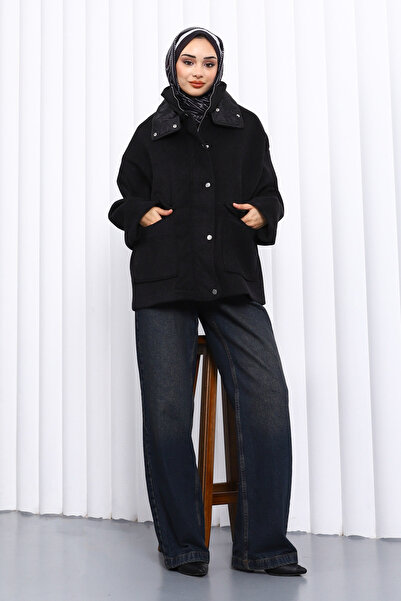 İmajButik Black Zippered Lined Oversized Cashmere Coat