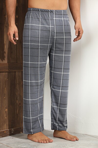 Serena Men's dark gray pajama pants with checkered pattern - loose fit - big size