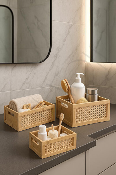 NEWNOW سلة تنظيم من الخيزران من هازيران - صندوق تنظيم من الخشب الطبيعي (3 أحجام)