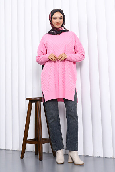 İmajButik Pink Crew Neck Cold Thread Knitwear Tunic