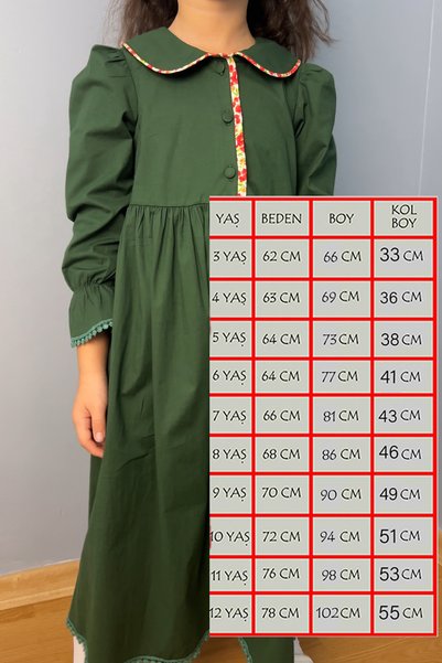Masnu Çocuk Girl's Khaki Green Cotton Poplin Midi Length Lace-Up Gathered Dress