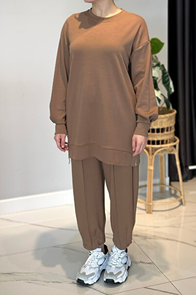 Lale Butik Combed Cotton Suit with Side Zipper Detail 2034 Latte