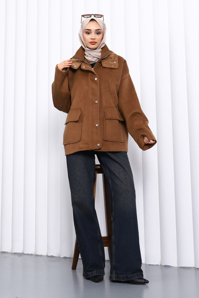 İmajButik Camel Zippered Lined Oversized Cashmere Coat