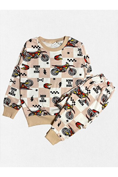 Pajama Shop Boys' 100% Cotton Beige Color Motorcycle Checker Pattern Long Sleeve Fleece-Lined Winter Pajamas Set