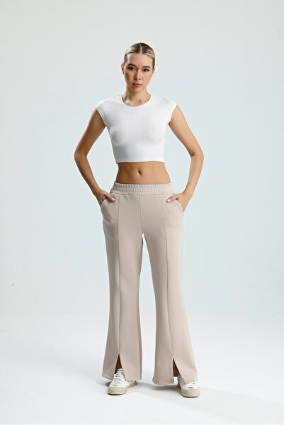 VOICTEC Slit Detailed Leg Premium Puff Scuba Elastic Waist Pocketed Trousers