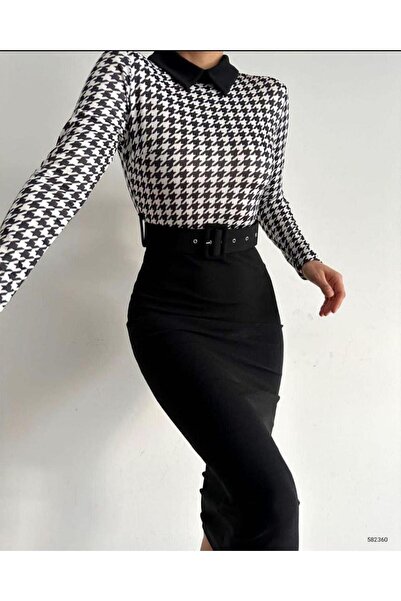 Modafeminen Stretchy Crepe Fabric Crowbar Peter Pan collar Coated Belt Detailed Evening Dress Midi Length Dress 582360 Crow's Foot