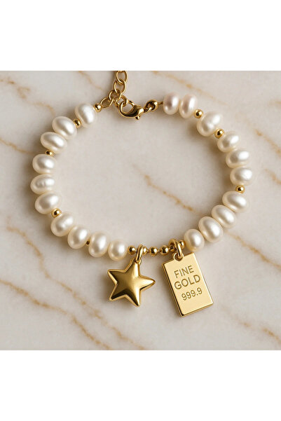EKİDORA İnci Bileklik Yıldız ve Külçe Altın Sallantılı Charmlı Kadın Bileklik