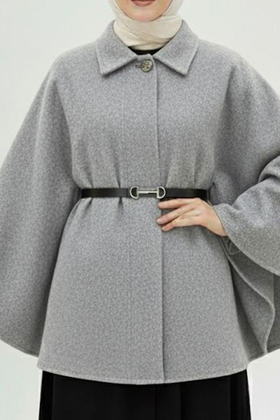 İmajButik Dark Gray Belted Cashmere Poncho