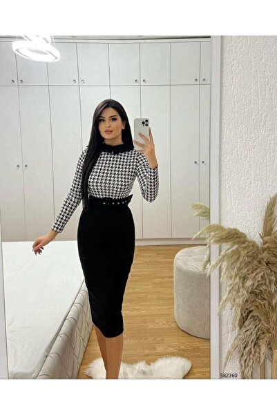 Modafeminen Stretchy Crepe Fabric Crowbar Peter Pan collar Coated Belt Detailed Evening Dress Midi Length Dress 582360 Crow's Foot