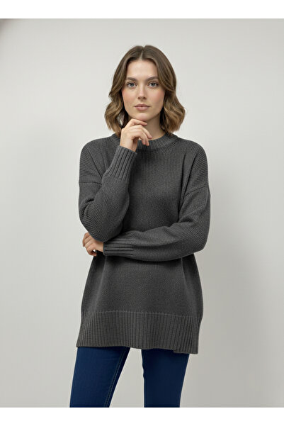 nacar çarşı Pulover de damă gri, cu gât tip crew, casual, din tricotaj