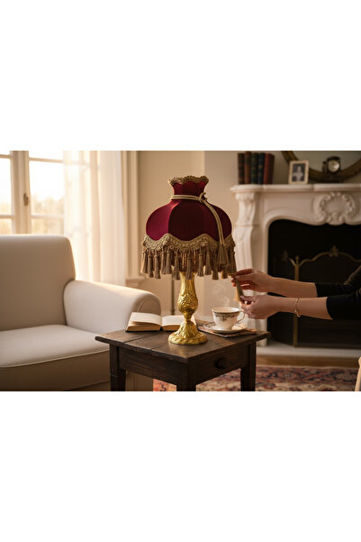 Amisos Dekor Klasik Püsküllü Silinebilir Kumaş Abajur – E14 Duy, 50 cm Yükseklik, 26 cm Çap Dekoratif