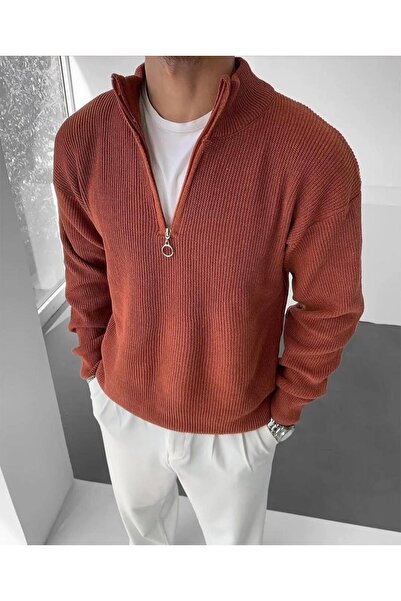 Fua Shop Men's Thessaloniki Knitted Collar Half Zipper Corded Fabric Sweater