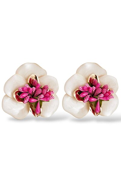 neslyaccessories Ecru Flower Form Gold Detailed Earrings