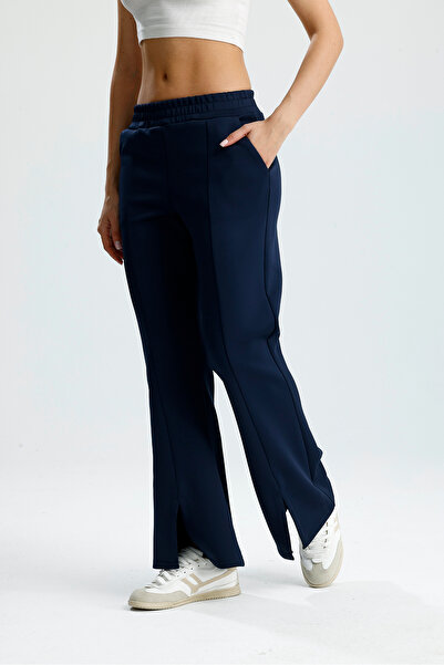 VOICTEC Slit Detailed Leg Premium Puff Scuba Elastic Waist Pocketed Trousers