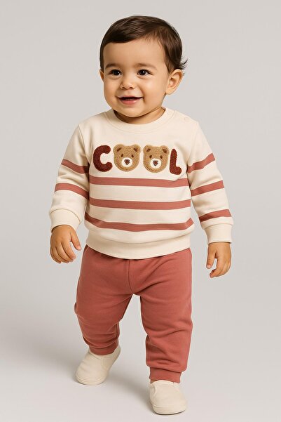 dinamik çocuk Baby Boy Cool Teddy Bear Süzene Embroidered Transitional 2-Thread Top and Bottom 2-Piece Set 3-6-9-12 Months Old