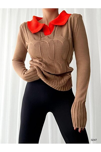 Modafeminen Polo Neck Knitwear Sweatertr0247 Vi̇zon