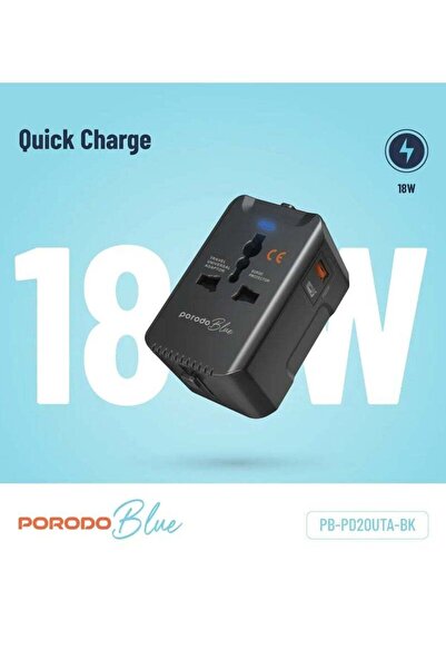 porodo Dual Port Universal Travel Adapter PD20W / Quick Charge / Built-In Safeguards / US/AU/EU/UK Plug - B