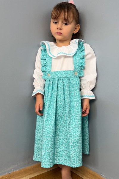 Masnu Çocuk Kız Çocuk Bebek Mavi Çiçekli Pamuklu Beyaz Fermuarlı Elbise