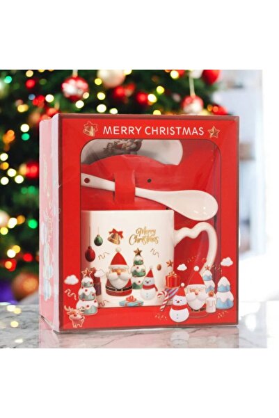 Manolex Christmas ceramic mug, set with lid and spoon, 440 ml, red/white,