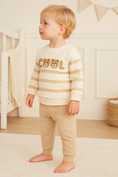 dinamik çocuk Baby Boy Cool Teddy Bear Süzene Embroidered Transitional 2-Thread Top and Bottom 2-Piece Set 3-6-9-12 Months Old
