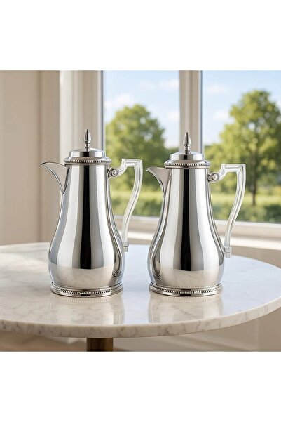 Dania ✨ Al Saif Shadan Thermos Set – 2 Pieces, Shiny Nickel Finish with Premium Metal Handles | Glass Liner for Heat Retention 💎🔥