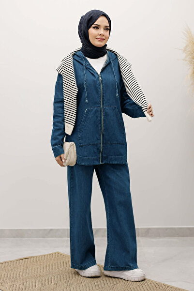 Tesettür Dünyası Zippered Hooded Denim Suit Tsd250250 Light Blue